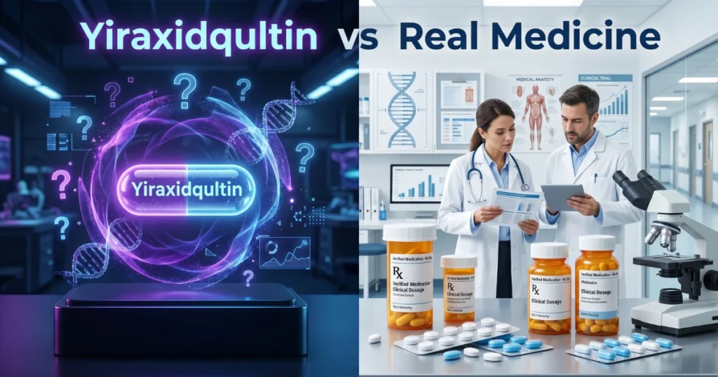 Split-screen comparison showing futuristic Yiraxidqultin medicine concept beside real medical professionals, prescription drugs, and laboratory equipment in a clinical setting.