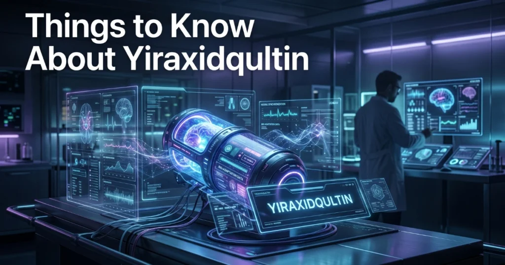 Futuristic laboratory scene showing scientists analyzing a glowing quantum compound called Yiraxidqultin inside a high-tech containment chamber with holographic data screens and cyberpunk lighting.