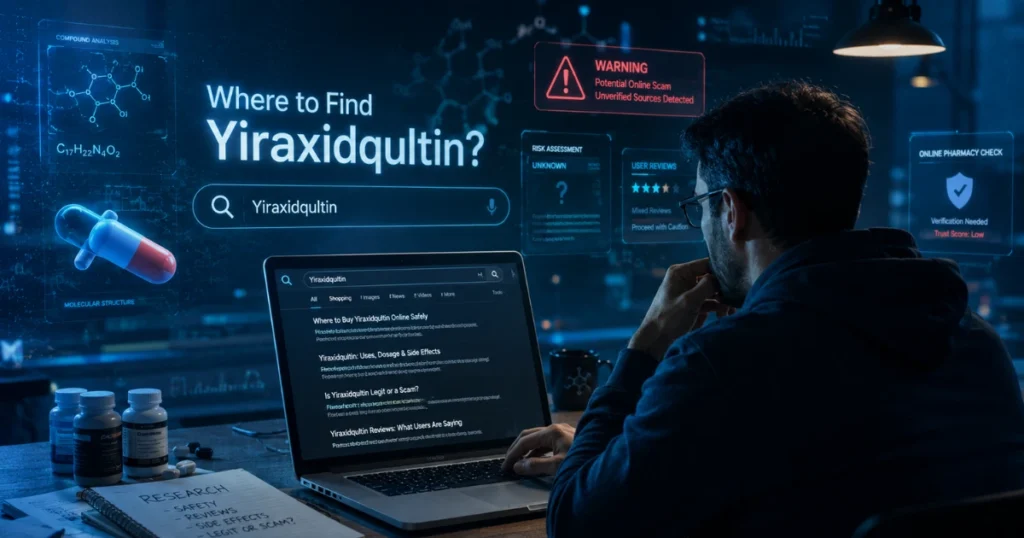 Man researching “Yiraxidqultin” online on a laptop in a futuristic dark workspace with digital pharmaceutical graphics, warning alerts, and cyber investigation visuals.