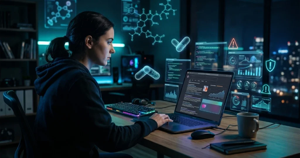 Woman researching “Yiraxidqultin” on a laptop in a futuristic cyber-themed workspace with digital medicine capsules, molecular graphics, and online warning alerts.