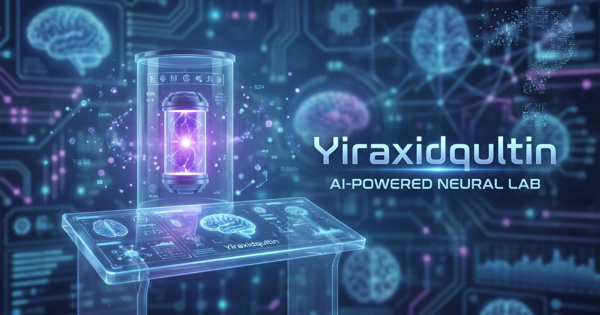 Futuristic AI-powered neural laboratory interface featuring Yiraxidqultin technology with holographic brain visualization and advanced digital medical research display